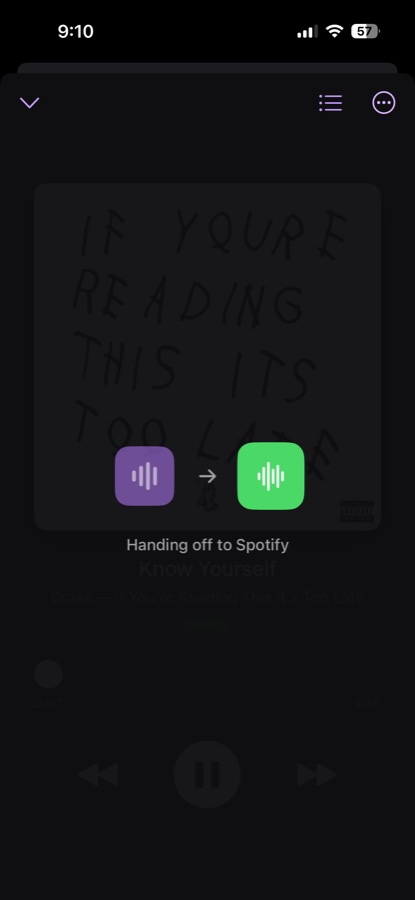 OmniMusik handoff screen showing the transition to Spotify