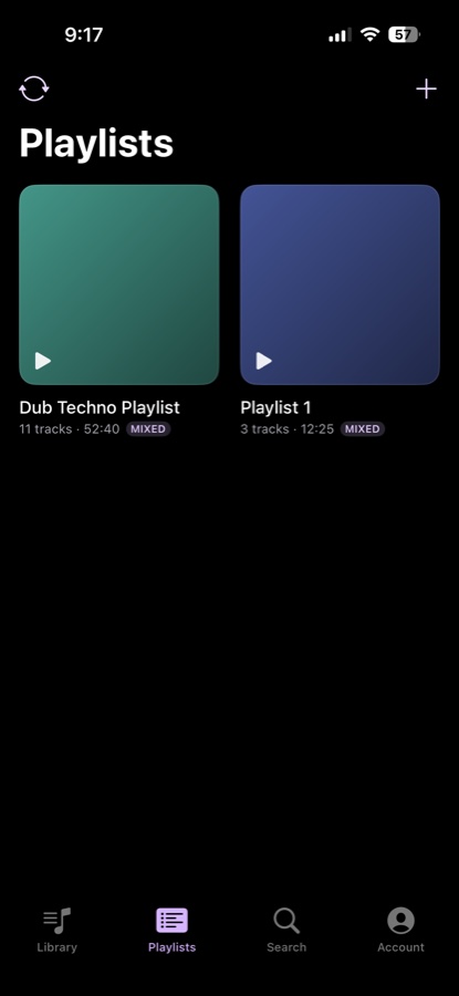 OmniMusik playlists grid with mixed-source playlists