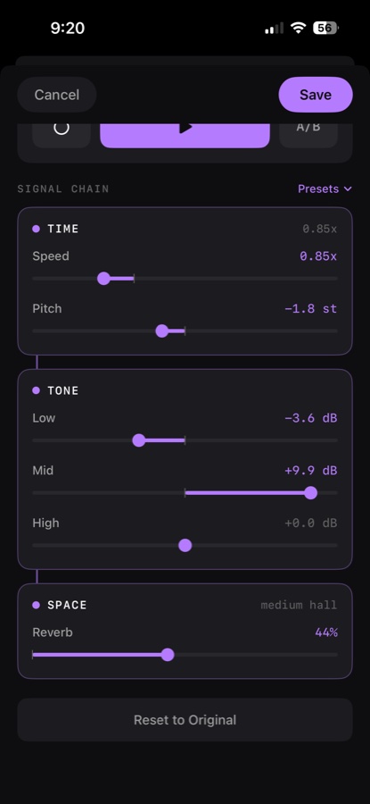 OmniMusik signal chain controls: speed, pitch, EQ bands and reverb
