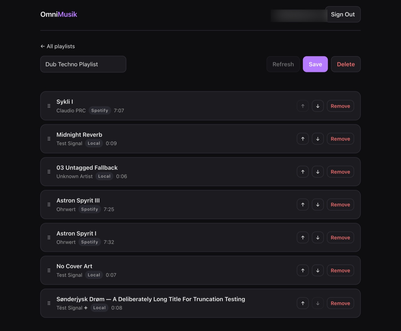 OmniMusik web companion showing a playlist's tracks with reorder and remove controls