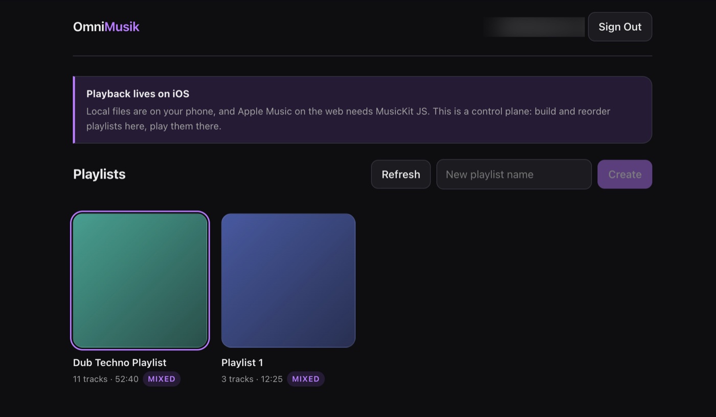 OmniMusik web companion showing playlists